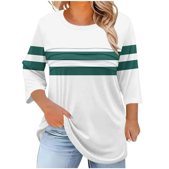 Womens Oversized Tees Loose T Shirts 3/4 Sleeve Crew Neck Front Pleat Stripe Color Block Tunic Tops