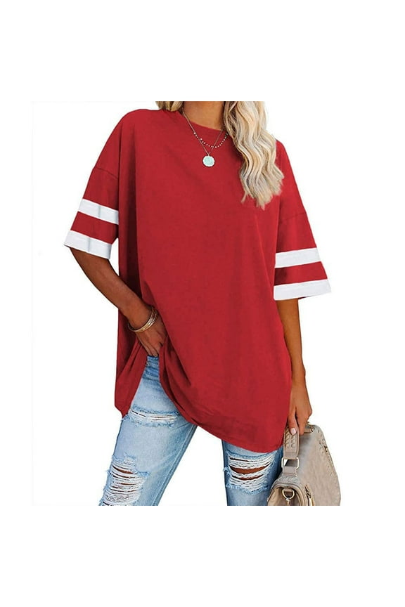 Womens Oversized Tees Loose T Shirts Half Sleeve Crew Neck Color Block Cotton Tunic Tops