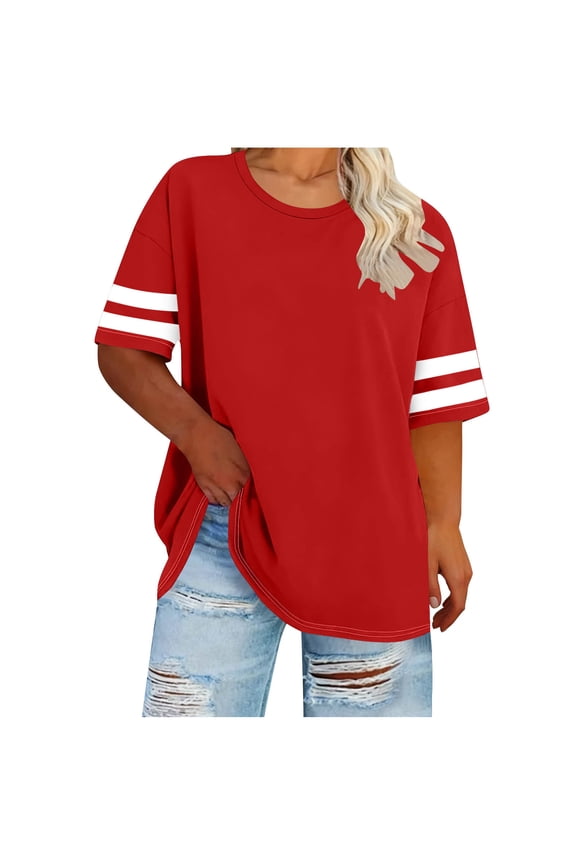 Womens Oversized Tees Loose T Shirts Half Sleeve Crew Neck Color Block Tunic Tops