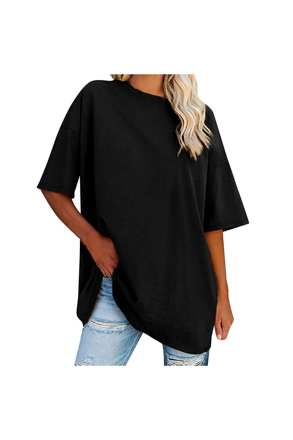 Womens Oversized Tops Short Sleeve Loose Fit Tunic Shirts New Solid Loose Cotton Waist Short Sleeve Round Neck Blouse