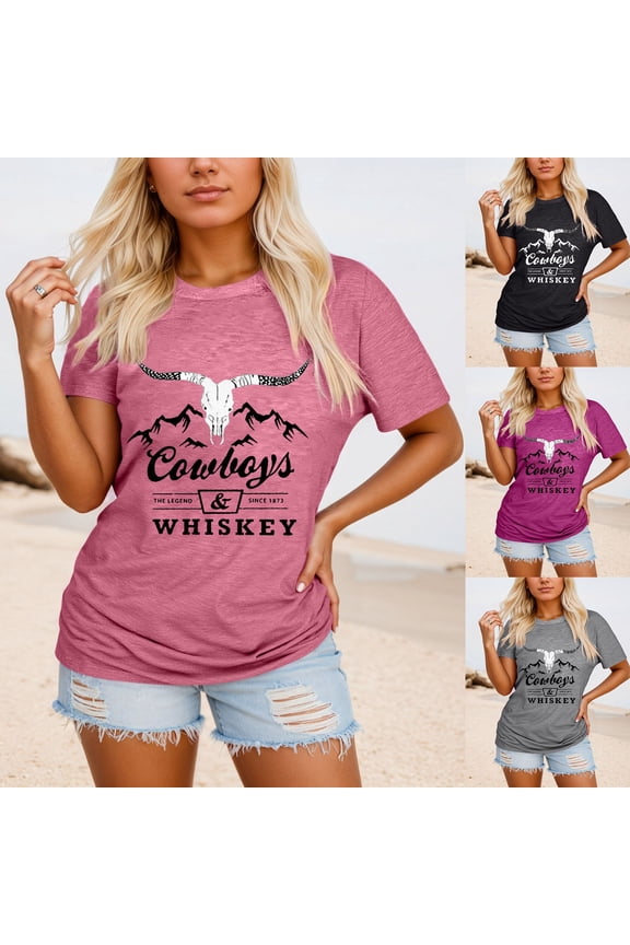 Womens Oversized Tshirt Plus Size Cow Skull Print Cowboy Short Sleeve Crew Neck Top Summer Blouses 2026