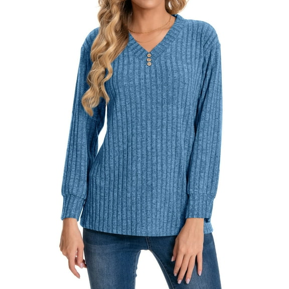 Womens Oversized Tshirt Women's Fashion Casual Button V-Neck Long Sleeve Solid Color Slim Comfortable Top