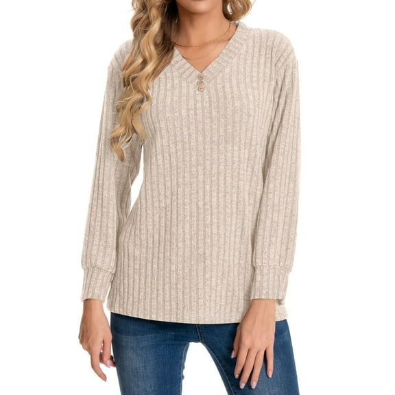 Womens Oversized Tshirt Women's Fashion Casual Button V-Neck Long Sleeve Solid Color Slim Comfortable Top