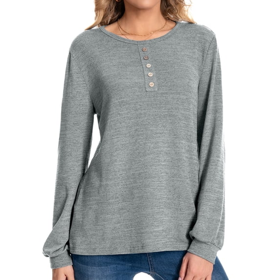 Womens Oversized Tshirt Women's Fashion Casual Round Neck With Button Long Sleeve Solid Color Shu Top