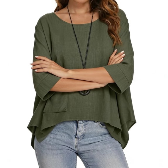 Womens Oversized Tshirts 3/4 Batwing Sleeve Crew Neck Cotton Tops Boho Loose Tunic Summer Work Blouse Casual Basic Tee Shirts