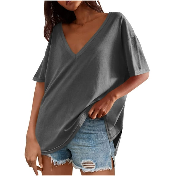 Womens Oversized Tshirts Deep V Neck Short Sleeve Tops Summer Casual Loose Fit Tunic Split Hem Basic Tees