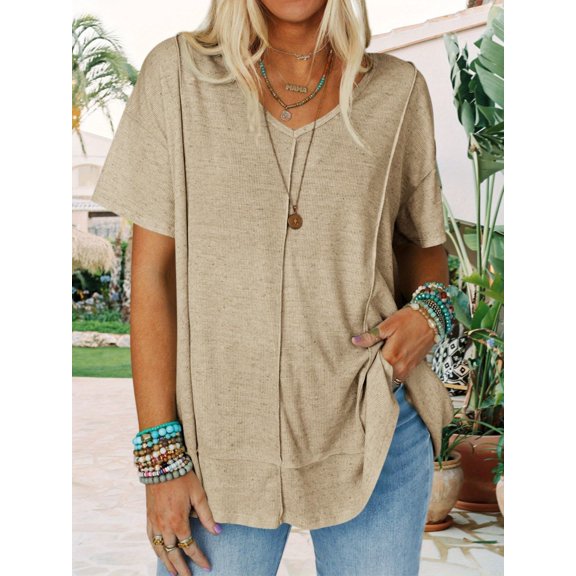 Womens Oversized Tshirts Knit V Neck Short Sleeve Tunic Tops Summer Casual Loose Fit Tee Shirts