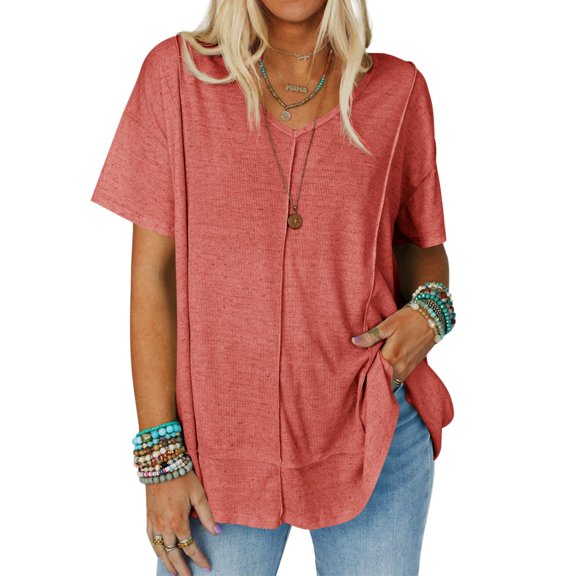 Womens Oversized Tshirts Knit V Neck Short Sleeve Tunic Tops Summer Casual Loose Fit Tee Shirts