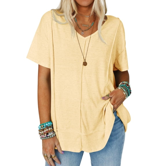 Womens Oversized Tshirts Knit V Neck Short Sleeve Tunic Tops Summer Casual Loose Fit Tee Shirts