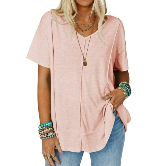 Womens Oversized Tshirts Knit V Neck Short Sleeve Tunic Tops Summer Casual Loose Fit Tee Shirts