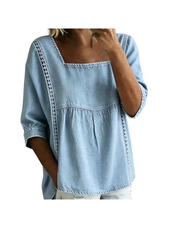 Womens Oversized Tshirts Lightweight Hollow Lace Peplum 3/4 Sleeve Denim Summer Tops for Women Blue XL