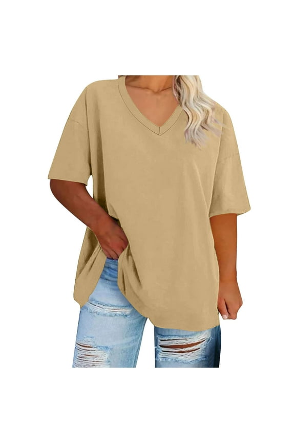Womens Oversized Tshirts, Solid Color V Neck Tee Shirts Half Sleeve Loose Fitting T-Shirt Cotton Workout Tunic Tops Tee Shirts for Lady Plus Size Khaki S