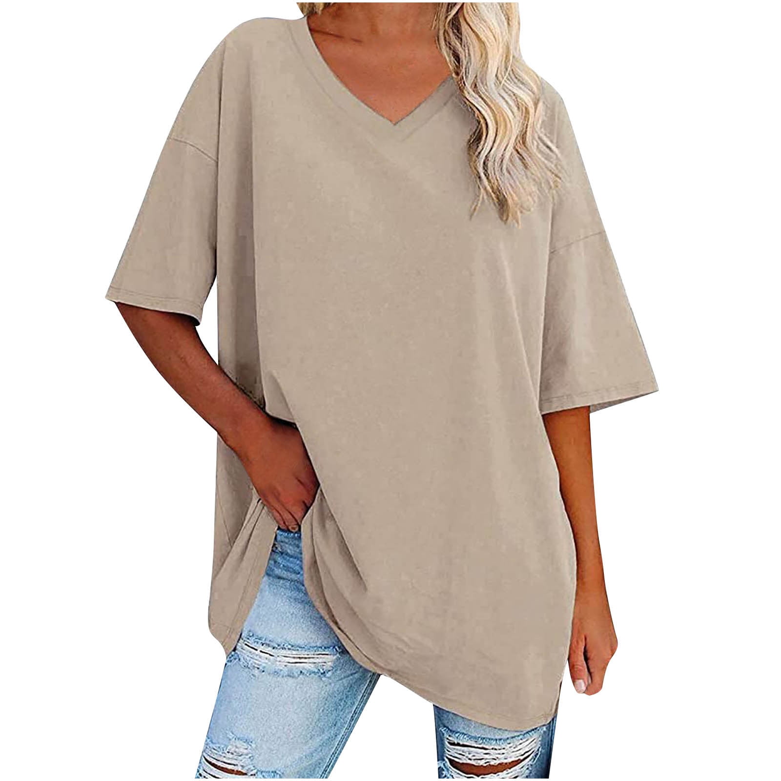 Wide Band Deep V-Neck Short Sleeve Casual T Shirt Top Cotton
