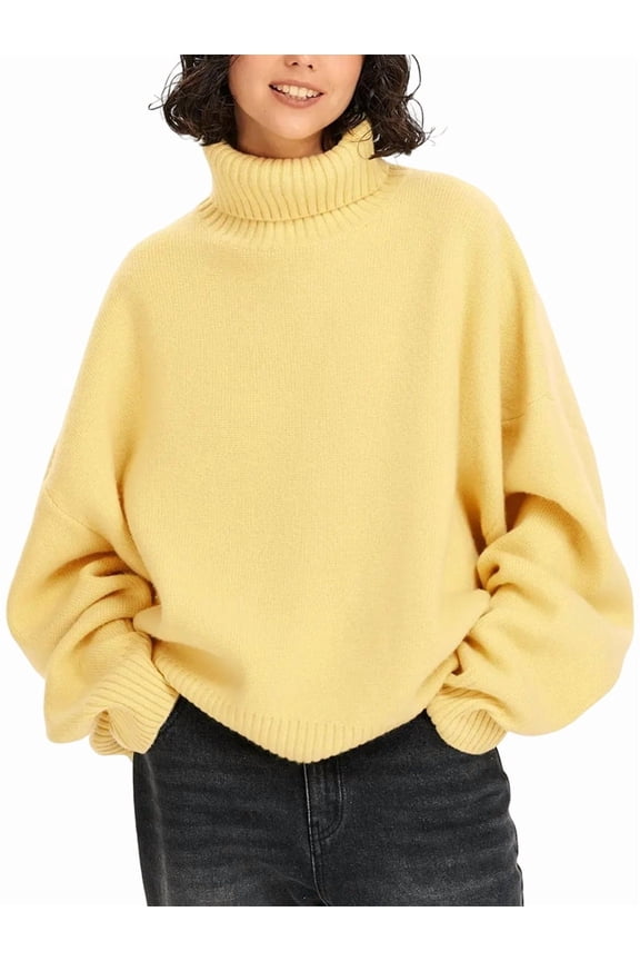 Womens Oversized Tunic Sweaters Crew Neck Long Sleeve Fall Casual Slouchy Knit Pullover Tops Lemon Yellow One Size