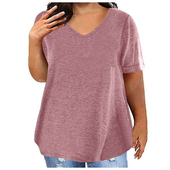 Womens Oversized Tunic Tops, Short Sleeve Shirts for Women Summer Plus Size Casual Solid Clor V Neck Dressy Blouses