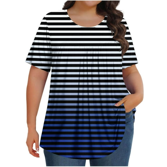 Womens Oversized Tunic Tops, Short Sleeve Shirts for Women Summer Plus Size Casual Striped Printed Crewneck T-Shirts