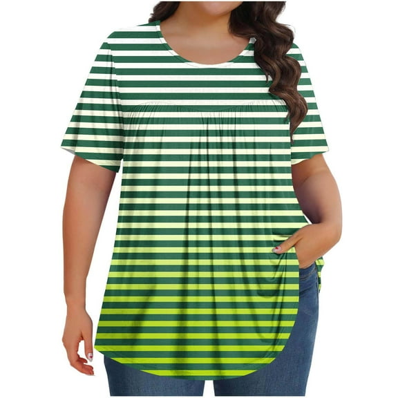 Womens Oversized Tunic Tops, Short Sleeve Shirts for Women Summer Plus Size Casual Striped Printed Crewneck T-Shirts