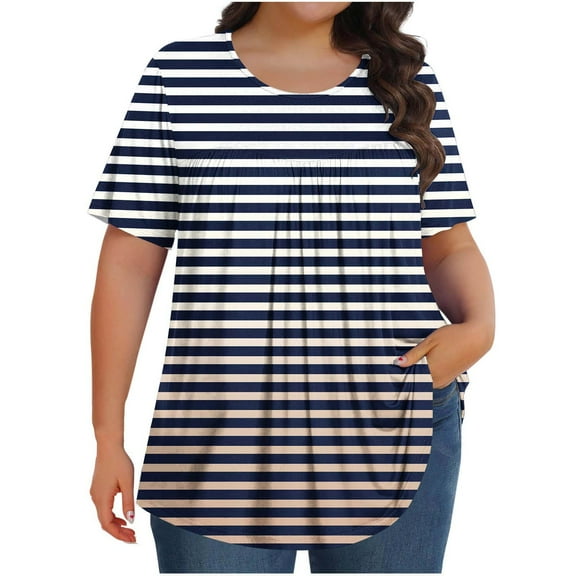 Womens Oversized Tunic Tops, Short Sleeve Shirts for Women Summer Plus Size Casual Striped Printed Crewneck T-Shirts