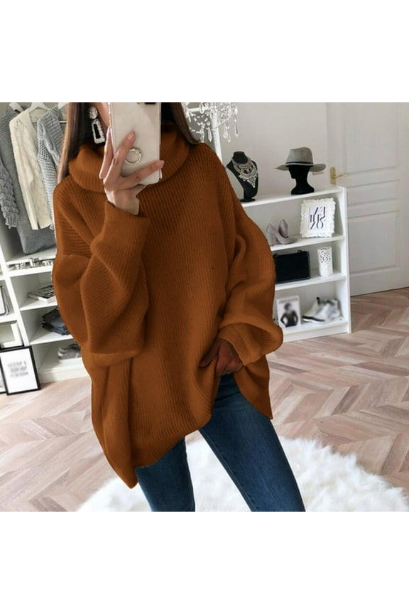 Womens Oversized Turtleneck Pullover Sweater Fashion Casual Loose Long Sleeve Shoulder Knitted Sweater Knitwear Brown XXL