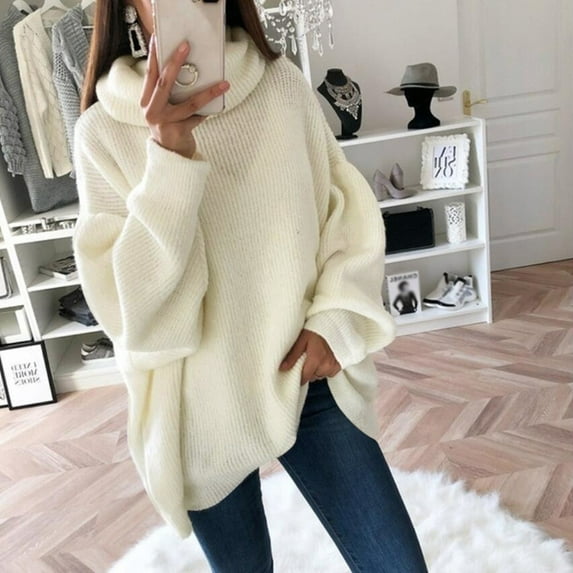 Womens Oversized Turtleneck Pullover Sweater Fashion Casual Loose Long Sleeve Shoulder Knitted Sweater Knitwear White M