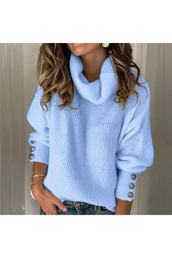 Womens Oversized Turtleneck Sweater Trend Solid Color Cable Knit Long Sleeve Button Loose Pullover Sweater Tops Sky Blue XXL