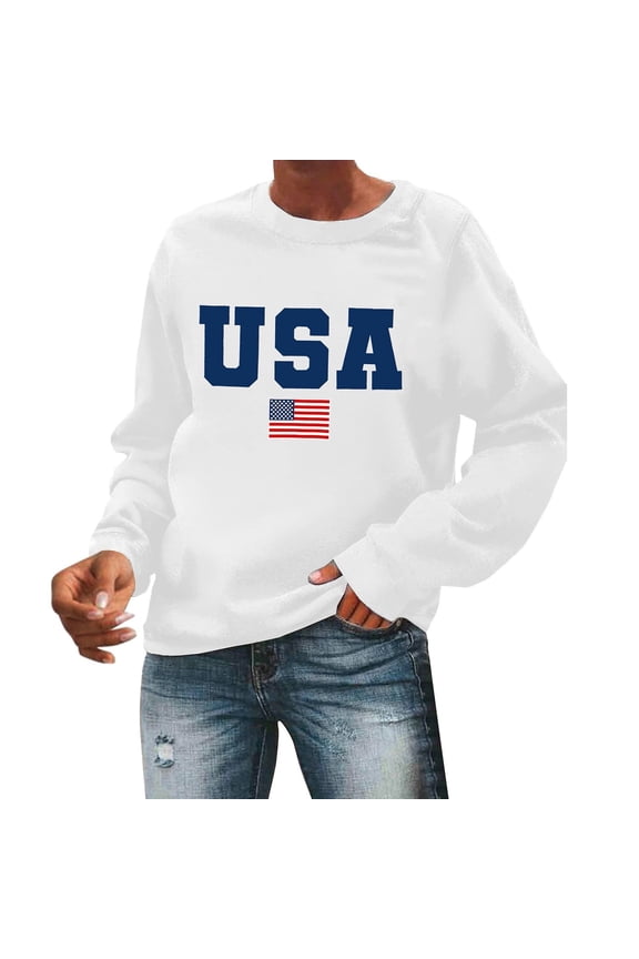 Womens Oversized USA Sweatshirts American Flag Crewneck Long Sleeve Tops 4th of July Casual Loose Pullover Sweater Shirts