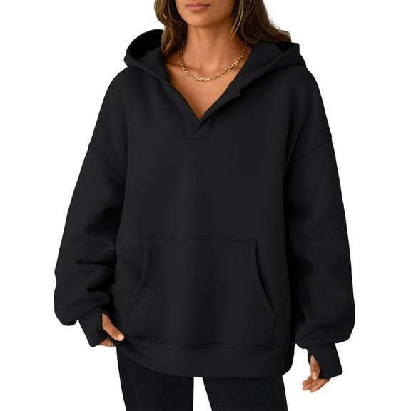Womens Oversized V Neck Hoodies with Thumb Hole Pullover Sweatshirts Y2k Clothes Fall Fashion Outfits Black XL