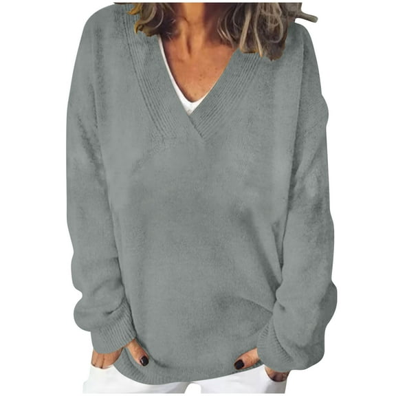 Womens Oversized V Neck Sweater Long Sleeve Cable Knit Tops Casual Loose Solid Color Pullover Sweatshirts (Gray S)