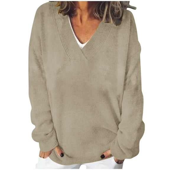 Womens Oversized V Neck Sweater Long Sleeve Cable Knit Tops Casual Loose Solid Color Pullover Sweatshirts (Khaki 2XL)