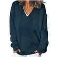 thumbnail image 1 of Womens Oversized V Neck Sweater Long Sleeve Cable Knit Tops Casual Loose Solid Color Pullover Sweatshirts (Navy 5XL), 1 of 5