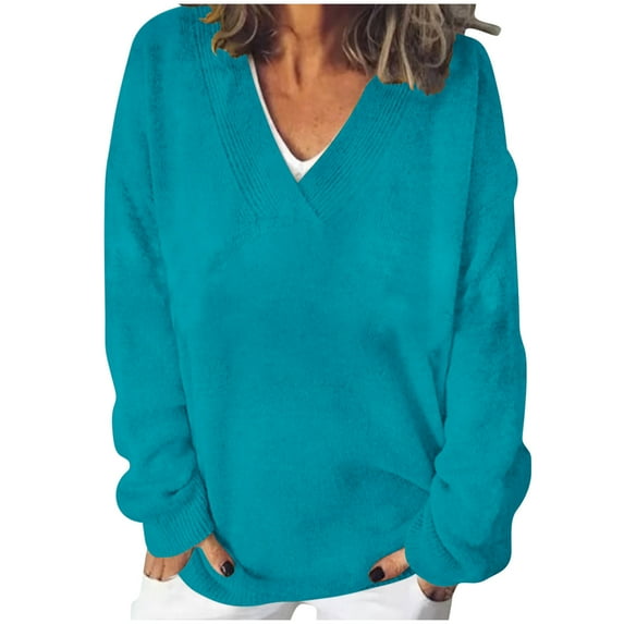 Womens Oversized V Neck Sweater Long Sleeve Cable Knit Tops Casual Loose Solid Color Pullover Sweatshirts (Sky Blue 4XL)