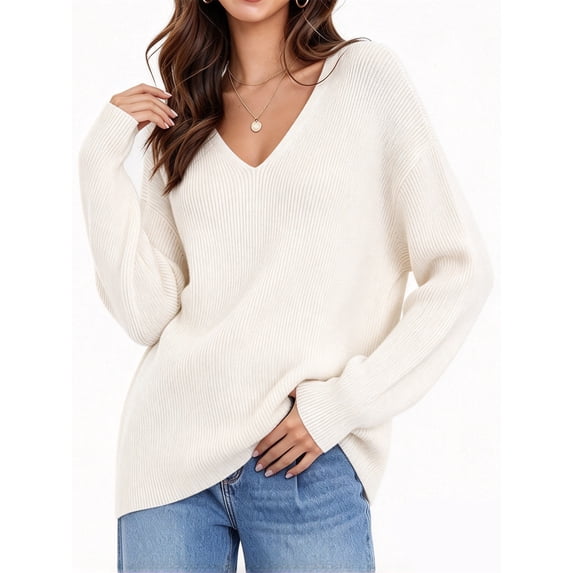 Womens Oversized V Neck Sweaters Fall Winter Long Sleeve Knit Pullover Jumper