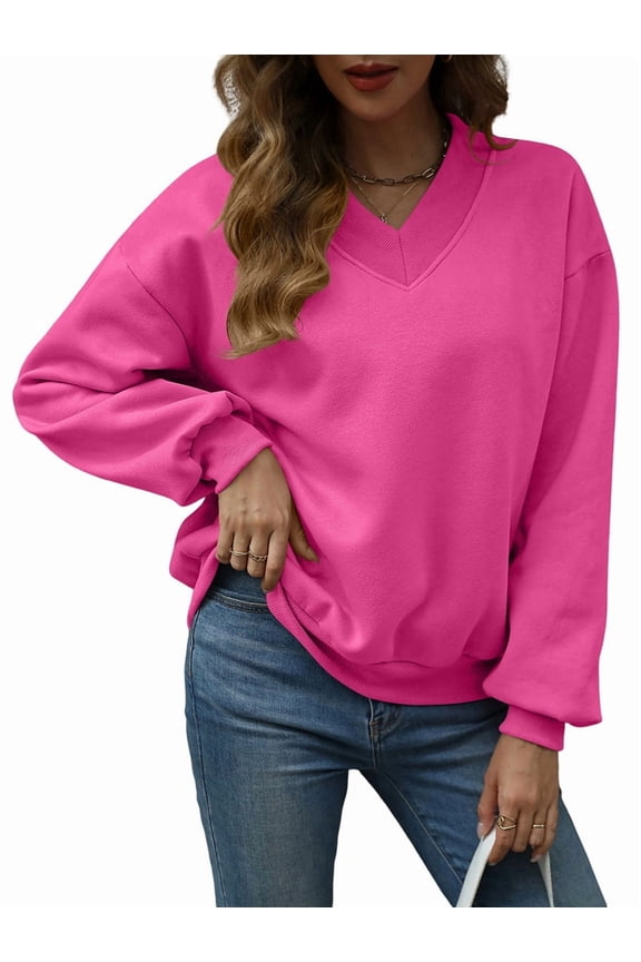 Womens Oversized V Neck Sweatshirt Fleece Long Sleeve Hoodies Pullover Comfy Top Outfits Rose Red L