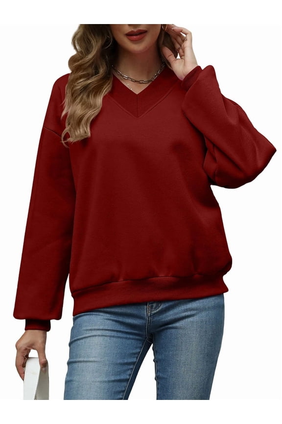Womens Oversized V Neck Sweatshirt Fleece Long Sleeve Hoodies Pullover Comfy Top Outfits Wine Red L