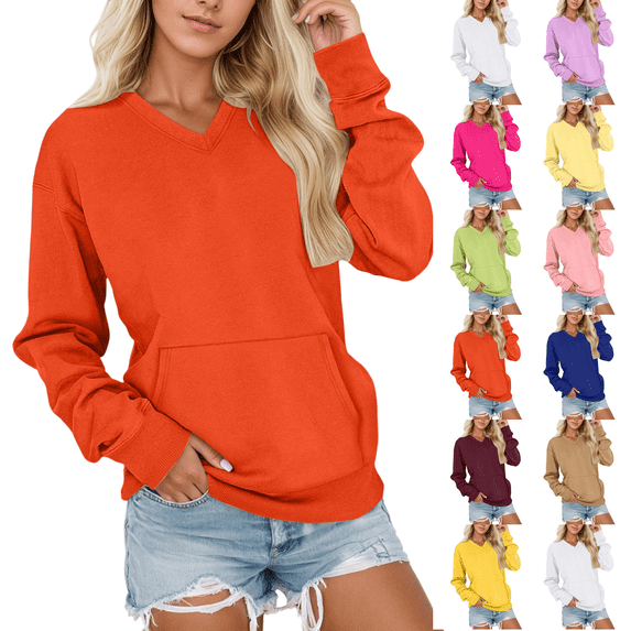 Womens Oversized V Neck Sweatshirt Long Sleeve Casual Pullover Tops Long Sleeve Fall Fashion Sweatshirts with Pocket Orange M