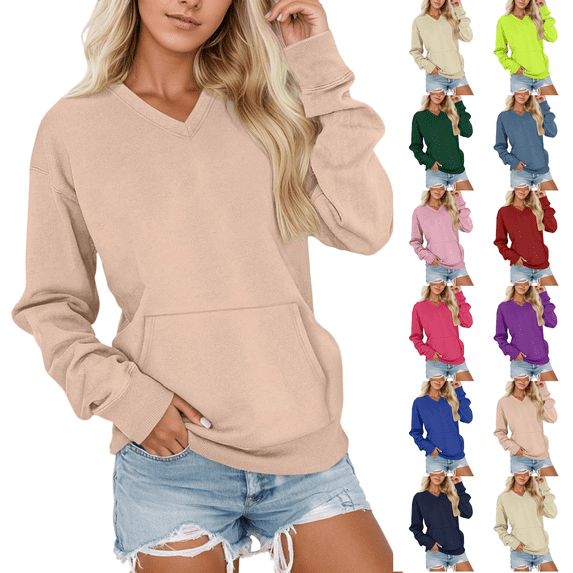 Womens Oversized V Neck Sweatshirt Long Sleeve Casual Pullover Tops Long Sleeve Fall Fashion Sweatshirts with Pocket Rose Gold XL