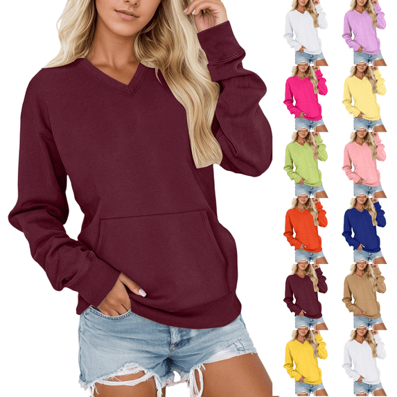 Womens Oversized V Neck Sweatshirt Long Sleeve Casual Pullover Tops Long Sleeve Fall Fashion Sweatshirts with Pocket Wine M