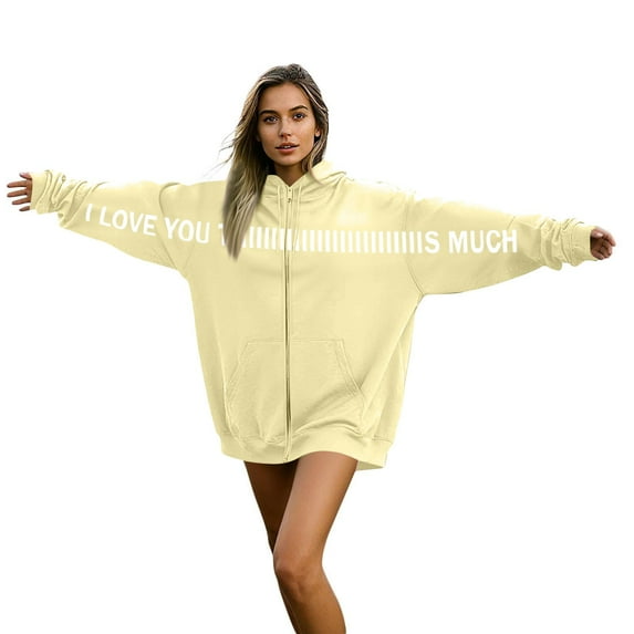 Womens Oversized Valentine Hoodie Full Zip I Love You This Much Graphic Casual Sweatshirt Khaki Gift for Her,Size 2XL