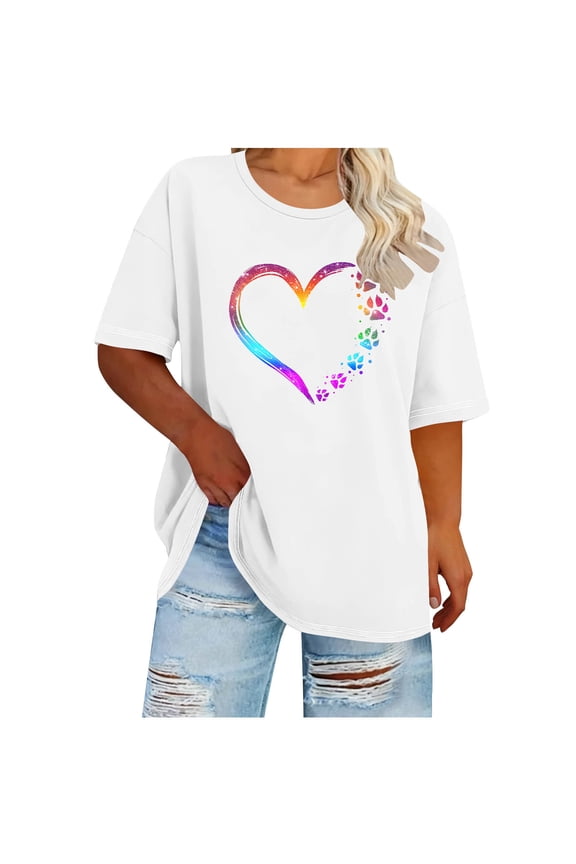 Womens Oversized Valentine's Day Tshirt White, Pet Lover Graphic Tee with Rainbow Heart and Paw Prints, Casual Plus Size Lounge Top,Size 2XL