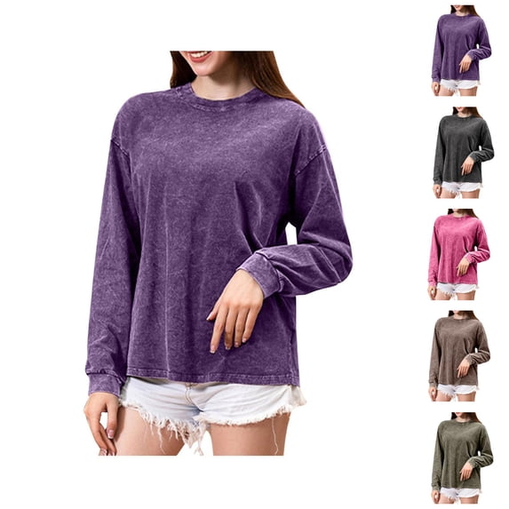 Womens Oversized Vintage Acid Wash Tshirts Loose Fit Long Sleeve Shirts Solid Color Basic Tee Casual Streetwear Workout Sweatshirt for Fall Winter