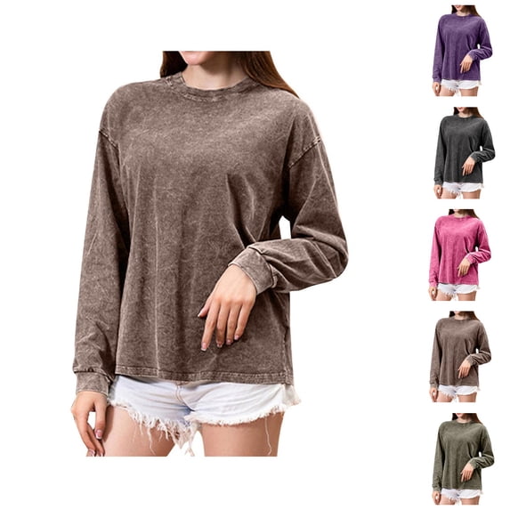 Womens Oversized Vintage Acid Wash Tshirts Loose Fit Long Sleeve Shirts Solid Color Basic Tee Casual Streetwear Workout Sweatshirt for Fall Winter