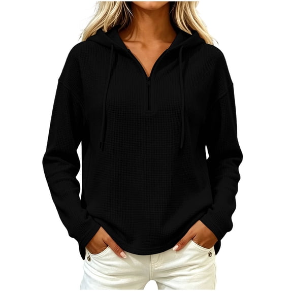 Womens Oversized Waffle Knit Pullover Top Drop Shoulder Half Zip V Neck Hoodie with Drawstring Hood & Side Hand Pockets Hip Length Solid Casual Lounge Sweatshirt
