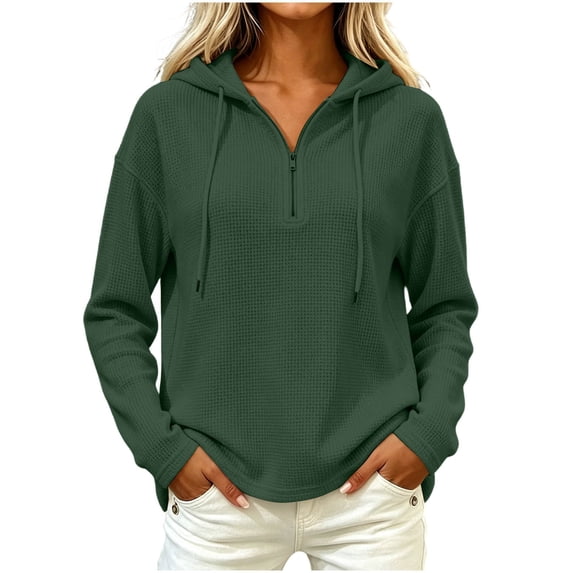 Womens Oversized Waffle Knit Pullover Top Drop Shoulder Half Zip V Neck Hoodie with Drawstring Hood & Side Hand Pockets Hip Length Solid Casual Lounge Sweatshirt