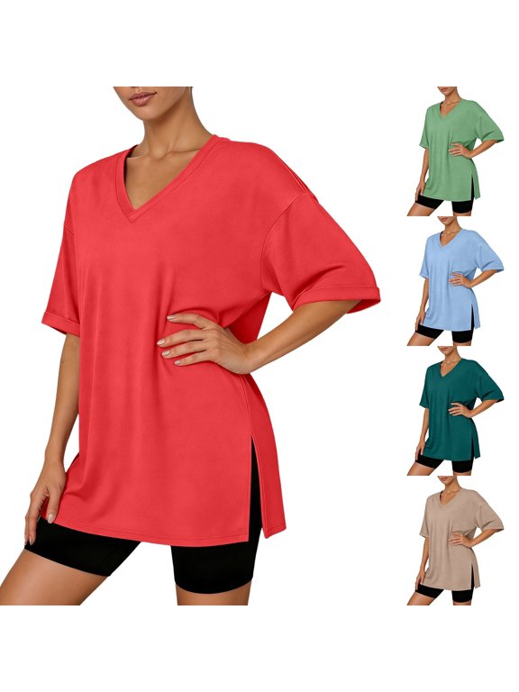 Womens Oversized Workout T Shirts Short Sleeve V Neck Side Slit T-Shirt Summer Casual Basic Tee Tops Loose Fit