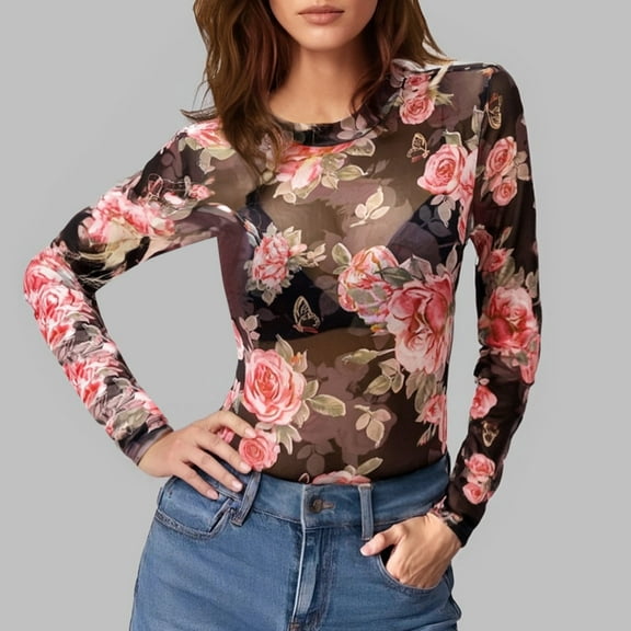 Womens Oversized Workout Tshirts Mesh Long Sleeve Layering Top for Neck Floral Embroidery Sheer See Through Tee Shirt Loose Fit Blouses S-2XL