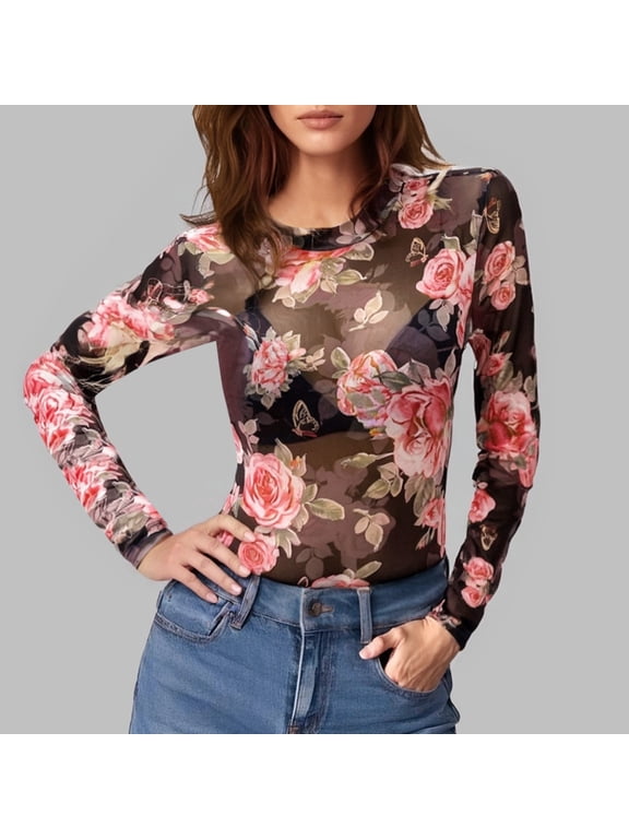 Womens Oversized Workout Tshirts Mesh Long Sleeve Layering Top for Neck Floral Embroidery Sheer See Through Tee Shirt Loose Fit Blouses S-2XL