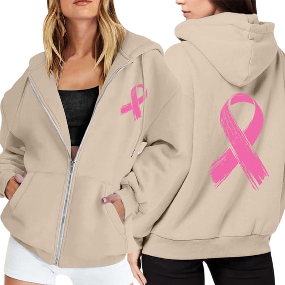 Womens Oversized Zip Hoodie Pink Ribbon Feather Print Cancer Awareness Casual Long Sleeve Hooded Sweatshirt
