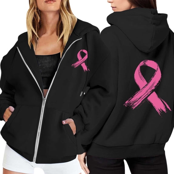 Womens Oversized Zip Hoodie Pink Ribbon Feather Print Cancer Awareness Casual Long Sleeve Hooded Sweatshirt