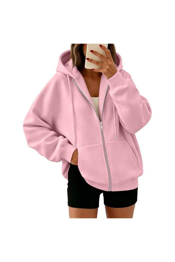 Womens Oversized Zip Up Hoodie Long Sleeve Casual Sweatshirt Relaxed Fit Hooded Jacket with Kangaroo Pocket
