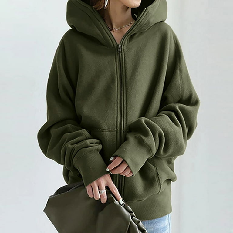 Womens Oversized Zip Up Hoodie Teen Girl Y2K Jacket Baggy Loose Basic  Zipper Hooded Sweatshirt Coat Plus Size Outerwear